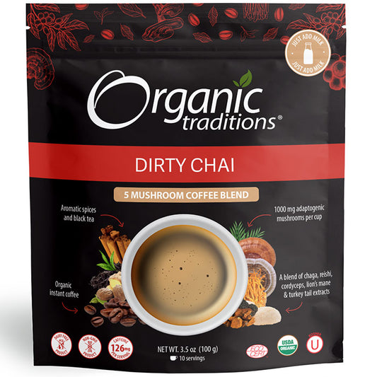 5 Mushroom Coffee Blend, Dirty Chai, 3.5 oz (100 g), Organic Traditions