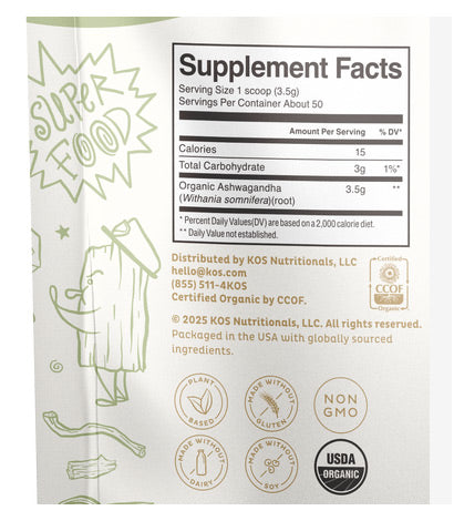 Organic Ashwagandha Powder, 6.2 oz (50 Servings), KOS