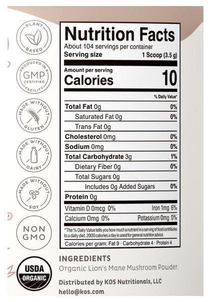 Organic Lion's Mane Powder, 12.84 oz (104 Servings), KOS
