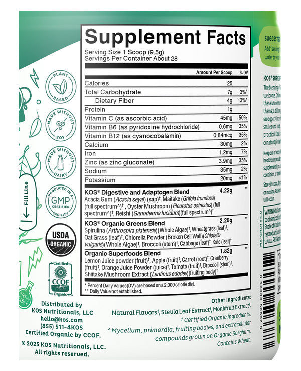 Organic Superfood Greens - Apple Flavor, 9.38 oz (28 Servings), KOS
