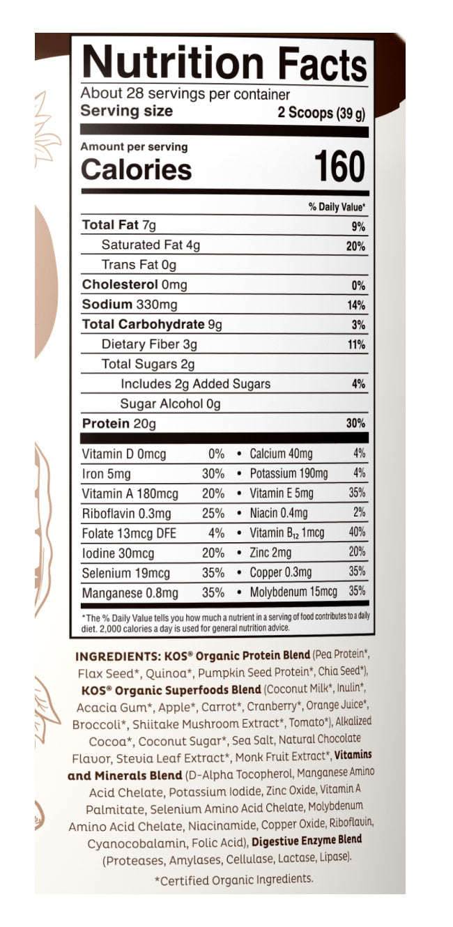 Organic Superfood Plant Protein Powder - Chocolate, 38.5 oz (28 Servings), KOS