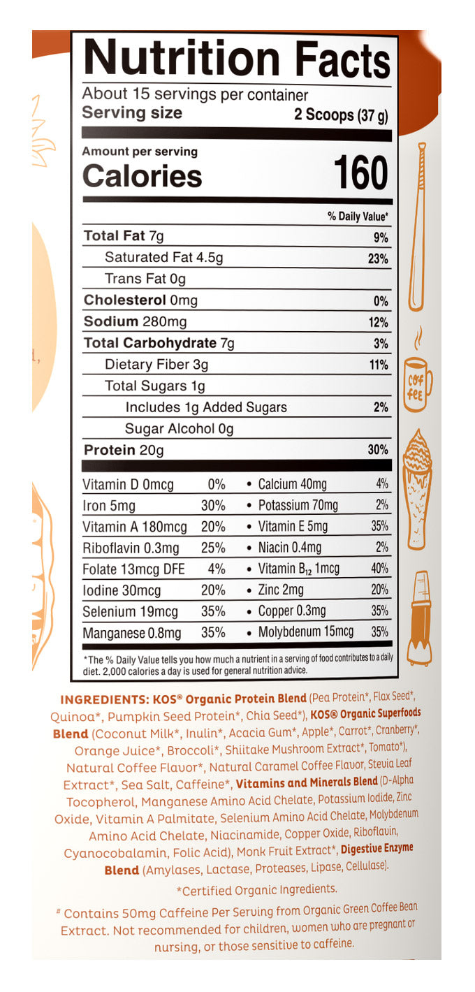 Organic Superfood Plant Protein Powder - Salted Caramel Coffee, 19.6 oz (15 Servings), KOS
