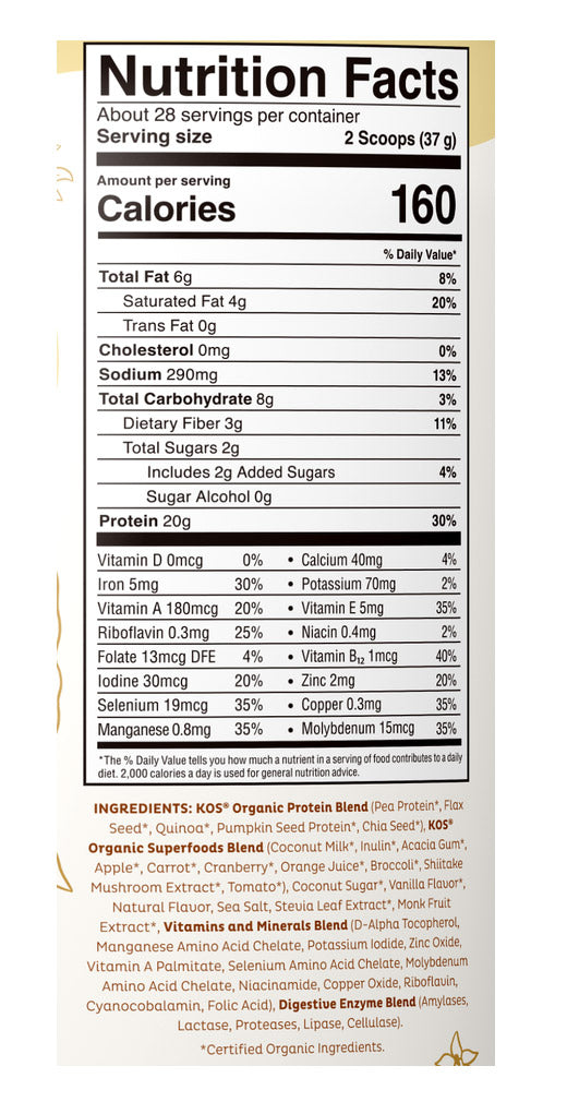 Organic Superfood Plant Protein Powder - Vanilla, 36.54 oz (28 Servings), KOS