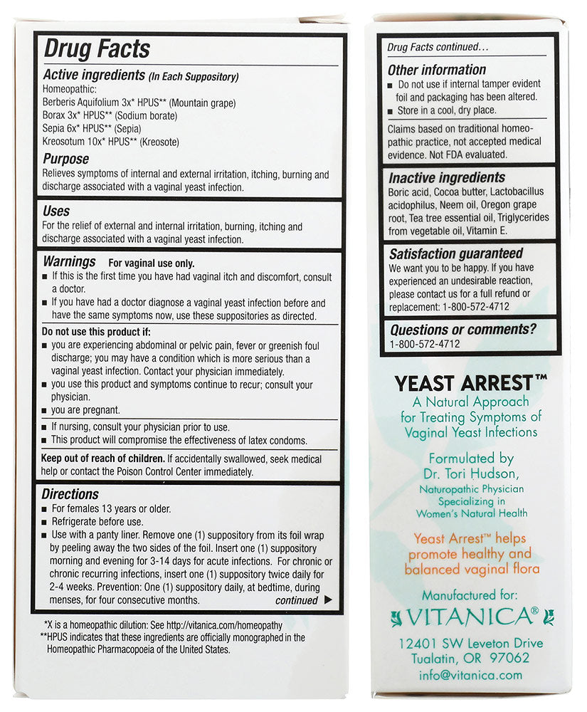 Yeast Arrest, Vaginal Support, 28 Vaginal Suppositories, Vitanica