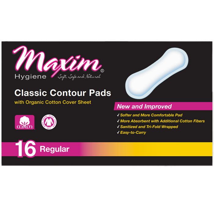 Classic Contour Sanitary Pads with Organic Cotton Cover Sheet, Regular, 16 Count, Maxim Hygiene Products