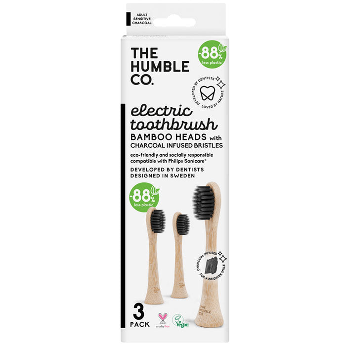 Electric Toothbrush Bamboo Replaceable Heads - Charcoal Infused Bristle, 3 Pack, The Humble Co.