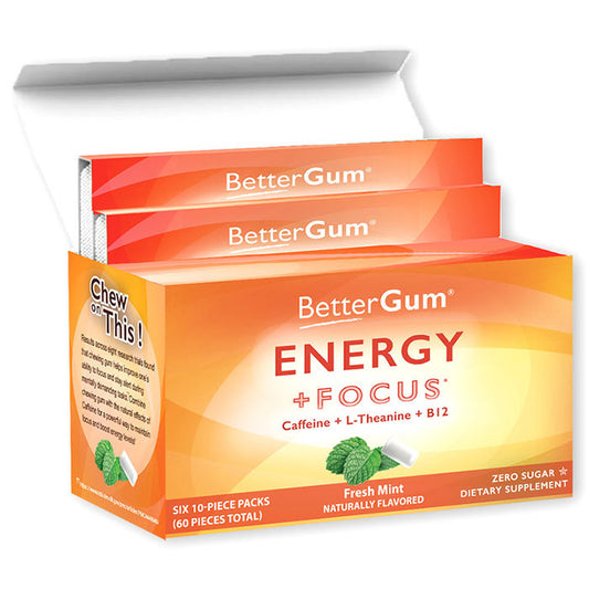 Energy + Focus Gum (Caffeine + L-Theanine + Vitamin B12), 60 Pieces, BetterGum