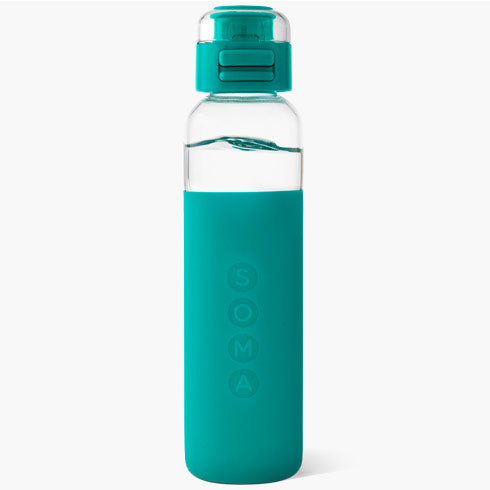 Glass Water Bottle with Sport Cap, Aqua, 17 oz, Soma