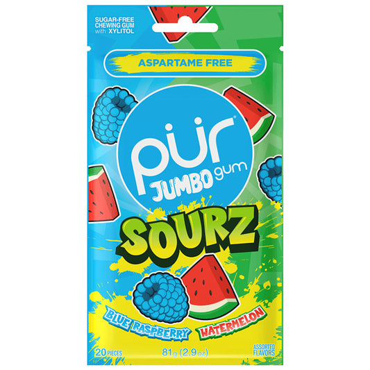 Jumbo Sourz Gum - Blue Raspberry & Watermelon, 20 Pieces, PUR