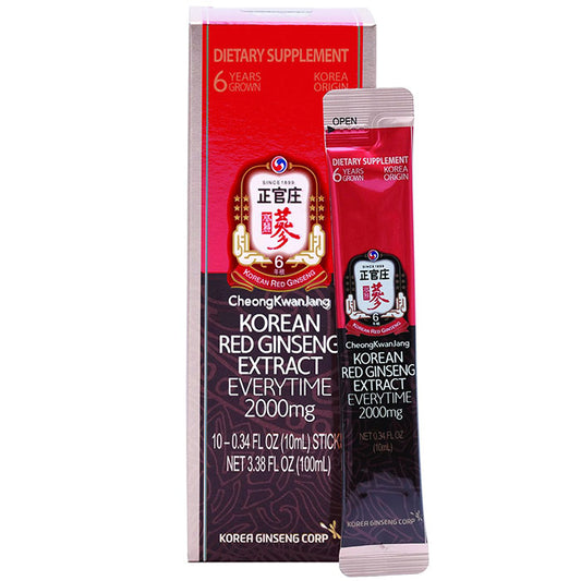 CheongKwanJang Korean Red Ginseng Extract Everytime 2000 mg, 0.34 oz x 10 Liquid Sticks, Korea Ginseng Corp