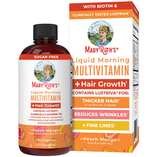 Liquid Morning Multivitamin + Hair Growth, Peach Mango, 15.22 oz (450 ml), MaryRuth's