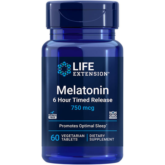 Melatonin 6 Hour Timed Release 750 mcg, 60 Vegetarian Tablets, Life Extension