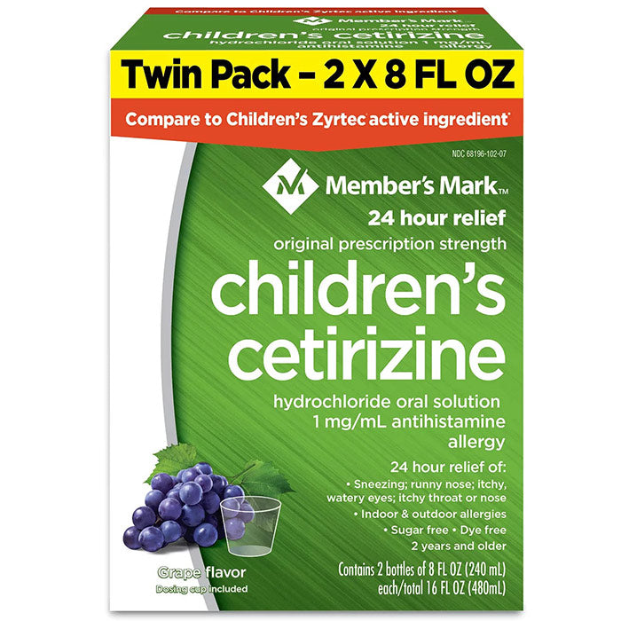 Member's Mark Children's Cetirizine Allergy Relief Oral Solution, Sugar-Free Grape Flavor, 16 oz (480 ml)