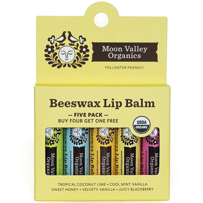 Organic Beeswax Lip Balm, 5-Pack, Moon Valley Organics