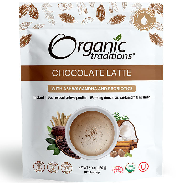 Organic Chocolate Latte with Ashwagandha and Probiotics, 5.3 oz (150 g), Organic Traditions