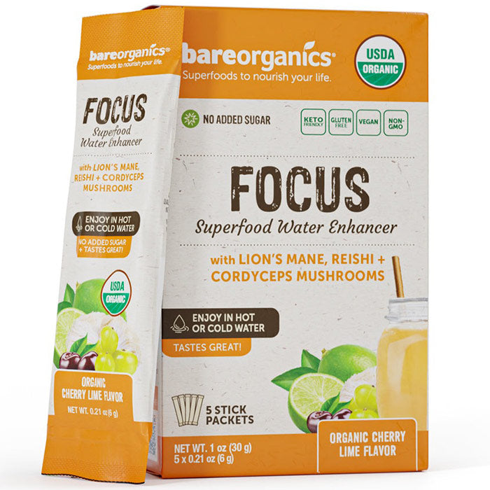 Organic Focus Superfood Water Enhancer Drink Mix & Smoothie Booster, 5 Stick Packets, BareOrganics Superfoods