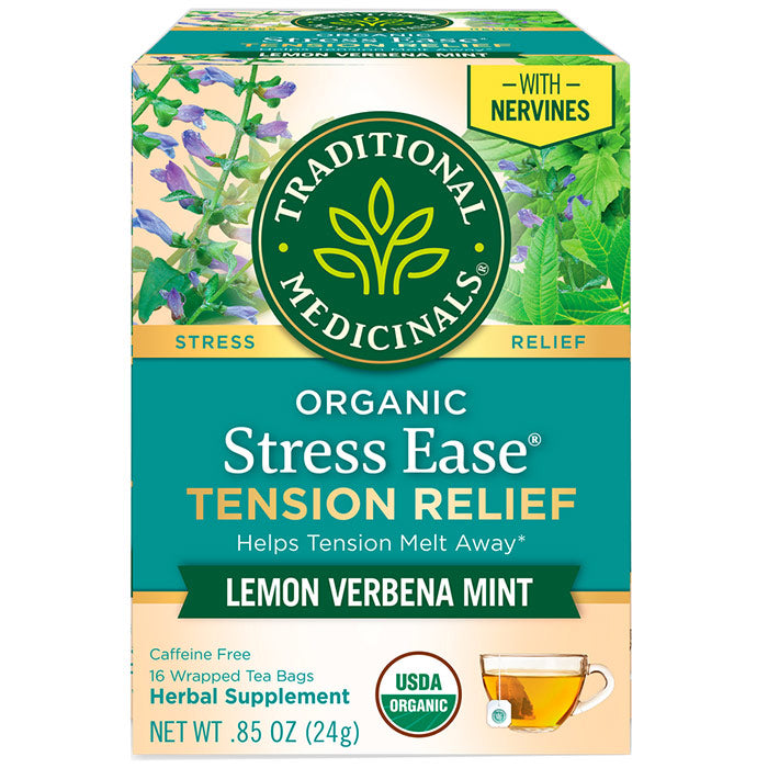 Organic Stress Ease Tension Relief, Lemon Verbena Mint, 16 Tea Bags, Traditional Medicinals Teas