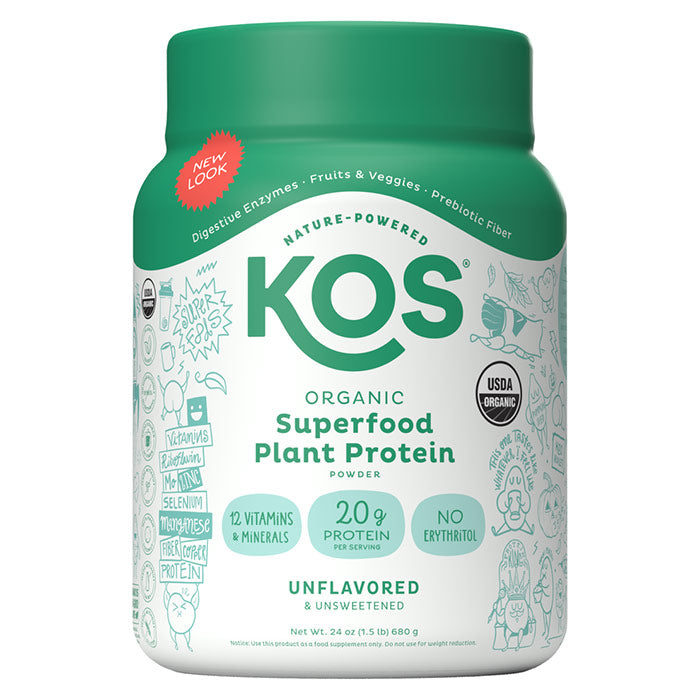 Organic Superfood Plant Protein Powder - Unflavored & Unsweetened, 24 oz (20 Servings), KOS