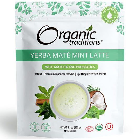 Organic Yerba Mate Mint Latte with Matcha and Probiotics, 5.3 oz (150 g), Organic Traditions