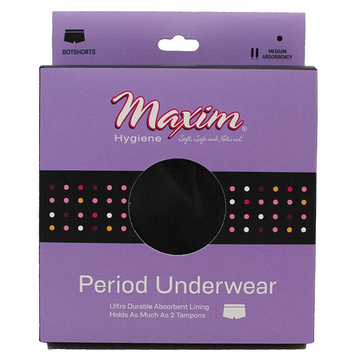 Period Underwear Boyshorts, Black, Medium Absorbency, Large, 1 ct, Maxim Hygiene Products