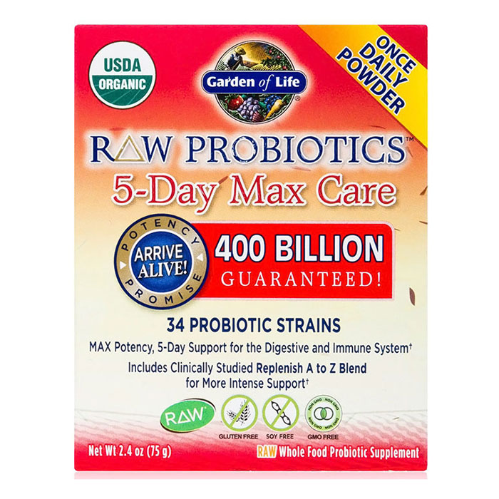 RAW Probiotics 5-Day Max Care 400 Billion CFU Powder, 2.4 oz, Garden of Life