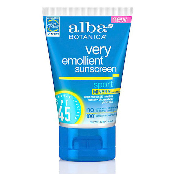 Very Emollient Sport Mineral Sunscreen SPF 45, 4 oz, Alba Botanica