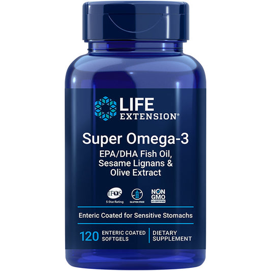 Super Omega-3 EPA/DHA Fish Oil, Sesame Lignans & Olive Extract, 120 Enteric-Coated Softgels, Life Extension