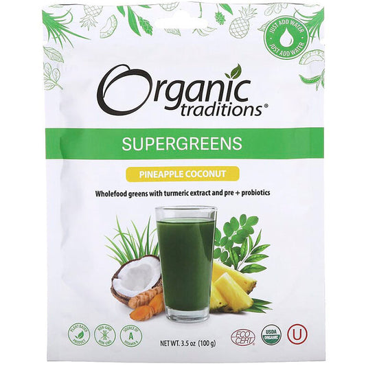 Supergreens, Pineapple Coconut, 3.5 oz (100 g), Organic Traditions