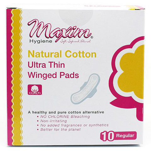 Natural Cotton Ultra Thin Winged Pads, Regular/Daytime, 10 Count, Maxim Hygiene Products