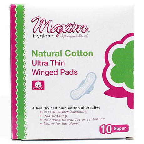 Natural Cotton Ultra Thin Winged Pads, Super/Nighttime, 10 ct, Maxim Hygiene Products