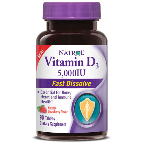 Vitamin D3 5000 IU Fast Dissolve, Strawberry Flavor, 90 Tablets, Natrol