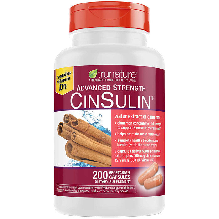 TruNature Advanced Strength CinSulin, Cinnamon Plus Chromium & D3, 200 Vegetarian Capsules