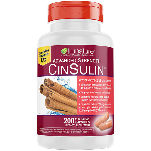 TruNature Advanced Strength CinSulin, Cinnamon Plus Chromium & D3, 200 Vegetarian Capsules